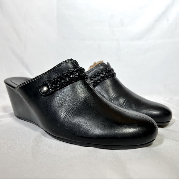 Cole Haan Shoes - Cole Haan Black Leather Wedge Slip-On Clogs Mules Woven Strap Detail Size 9.5